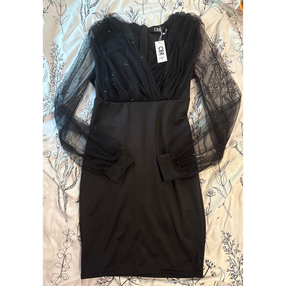 NEW CBR Black Sparkle Tulle Long Sleeve Party Cocktail‎ Bodycon Dress, M